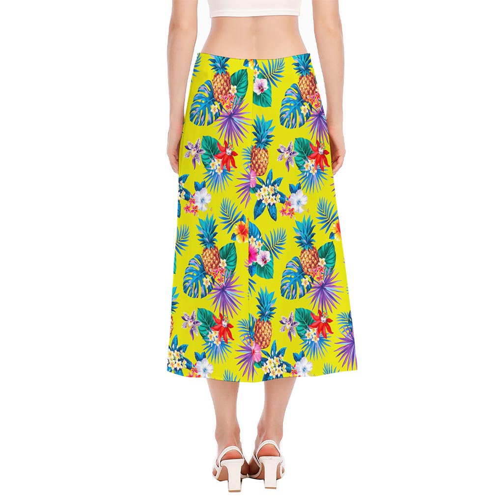 Lime Hawaiian Pineapple Pattern Print Side Slit Midi Skirt