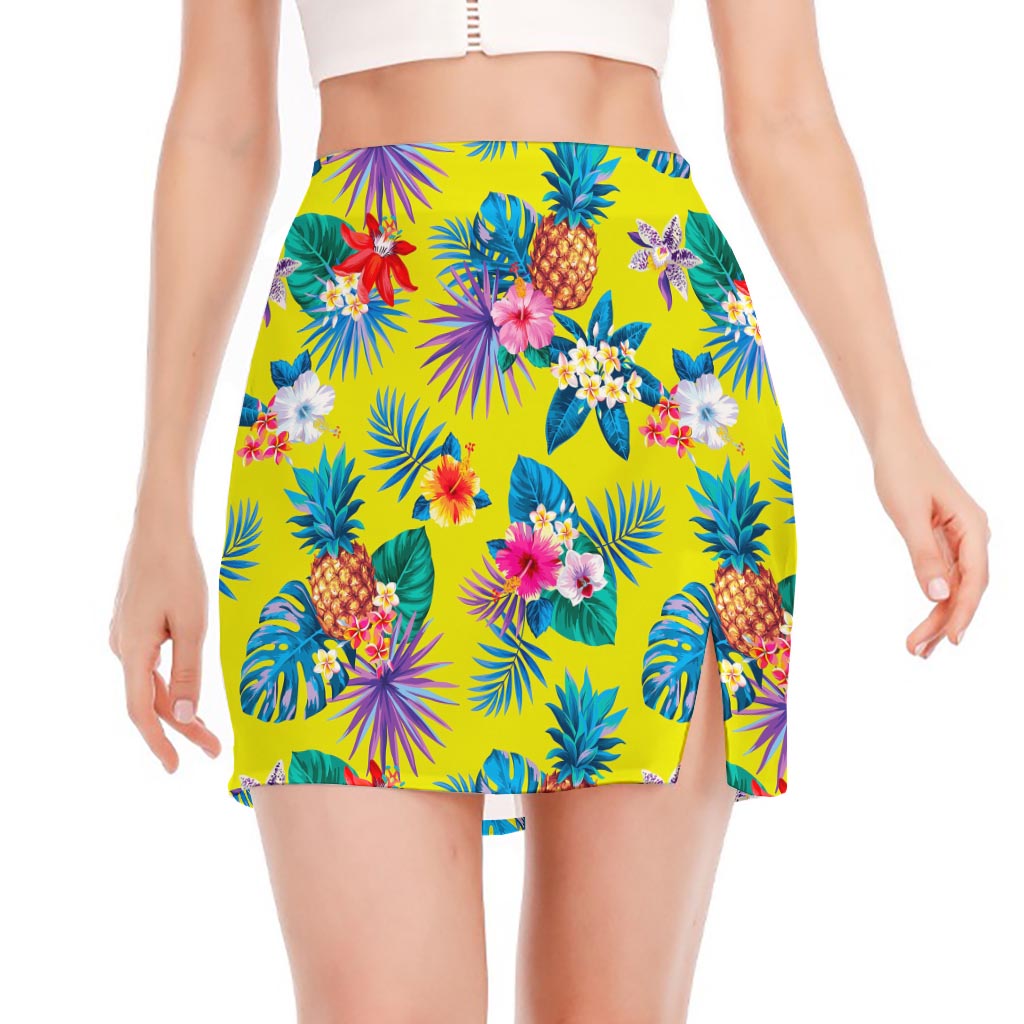 Lime Hawaiian Pineapple Pattern Print Side Slit Mini Skirt