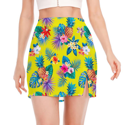 Lime Hawaiian Pineapple Pattern Print Side Slit Mini Skirt