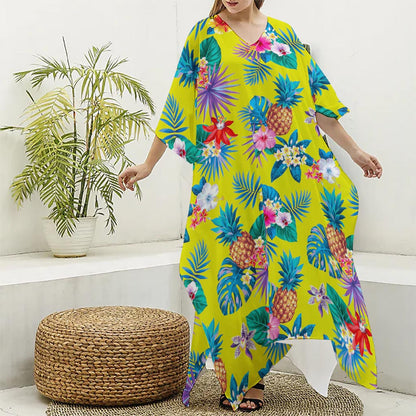 Lime Hawaiian Pineapple Pattern Print Silk V-Neck Kaftan Dress
