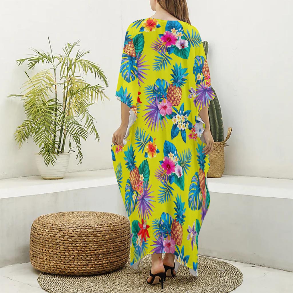 Lime Hawaiian Pineapple Pattern Print Silk V-Neck Kaftan Dress