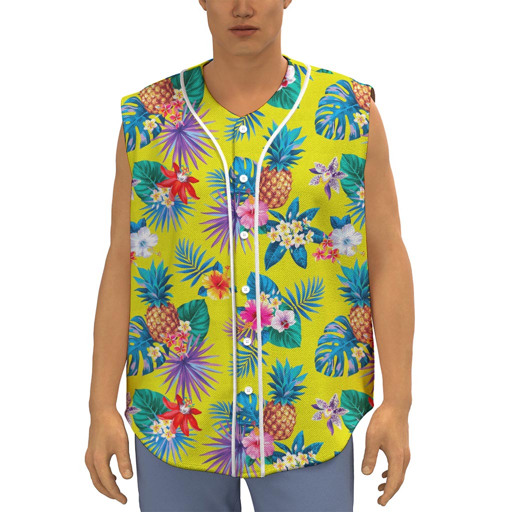 Lime Hawaiian Pineapple Pattern Print Sleeveless Baseball Jersey