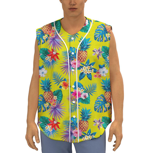 Lime Hawaiian Pineapple Pattern Print Sleeveless Baseball Jersey