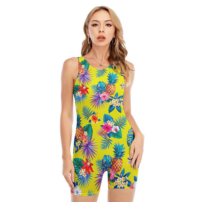 Lime Hawaiian Pineapple Pattern Print Sleeveless One Piece Swimsuit