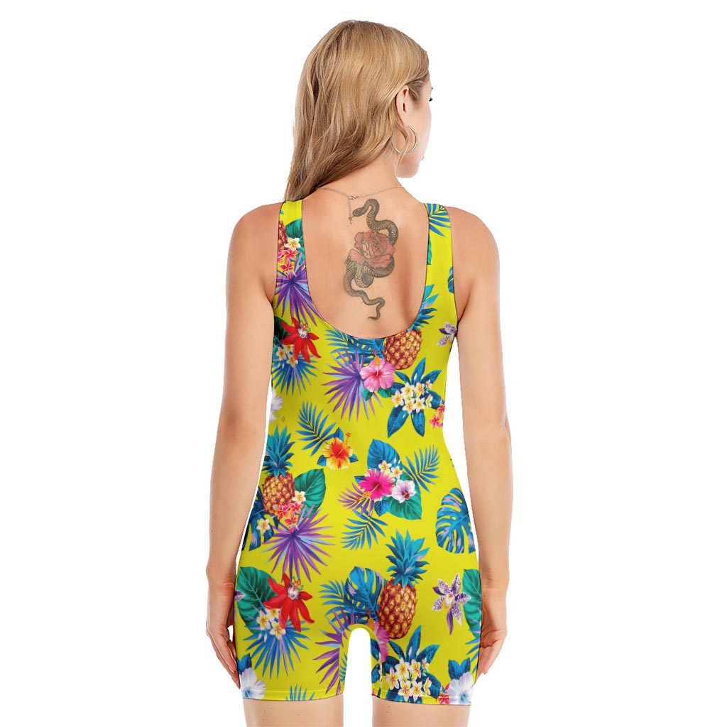 Lime Hawaiian Pineapple Pattern Print Sleeveless One Piece Swimsuit