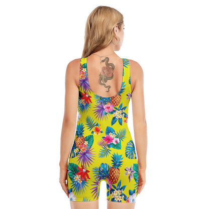 Lime Hawaiian Pineapple Pattern Print Sleeveless One Piece Swimsuit