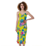 Lime Hawaiian Pineapple Pattern Print Slim Fit Midi Cami Dress