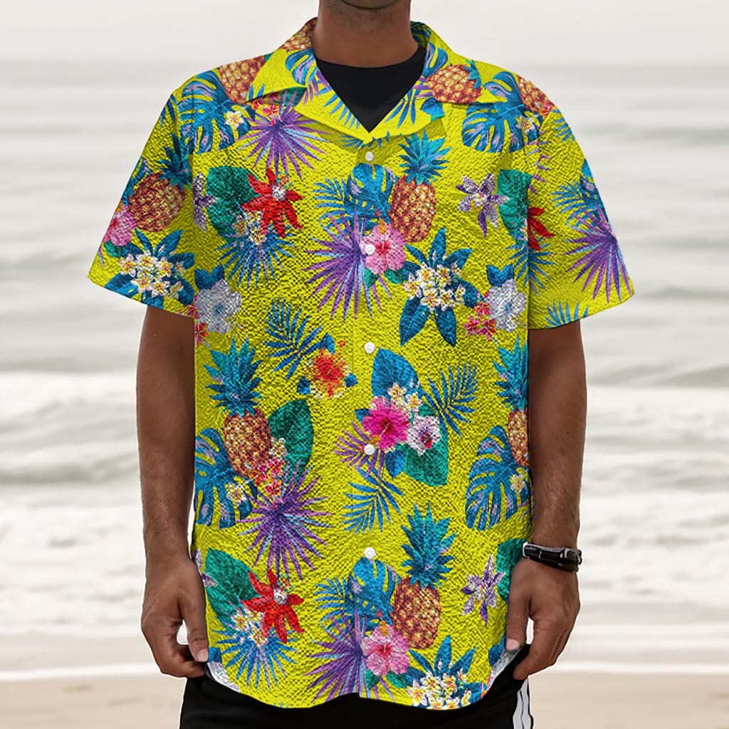Lime Hawaiian Pineapple Pattern Print Textured Short Sleeve Shirt