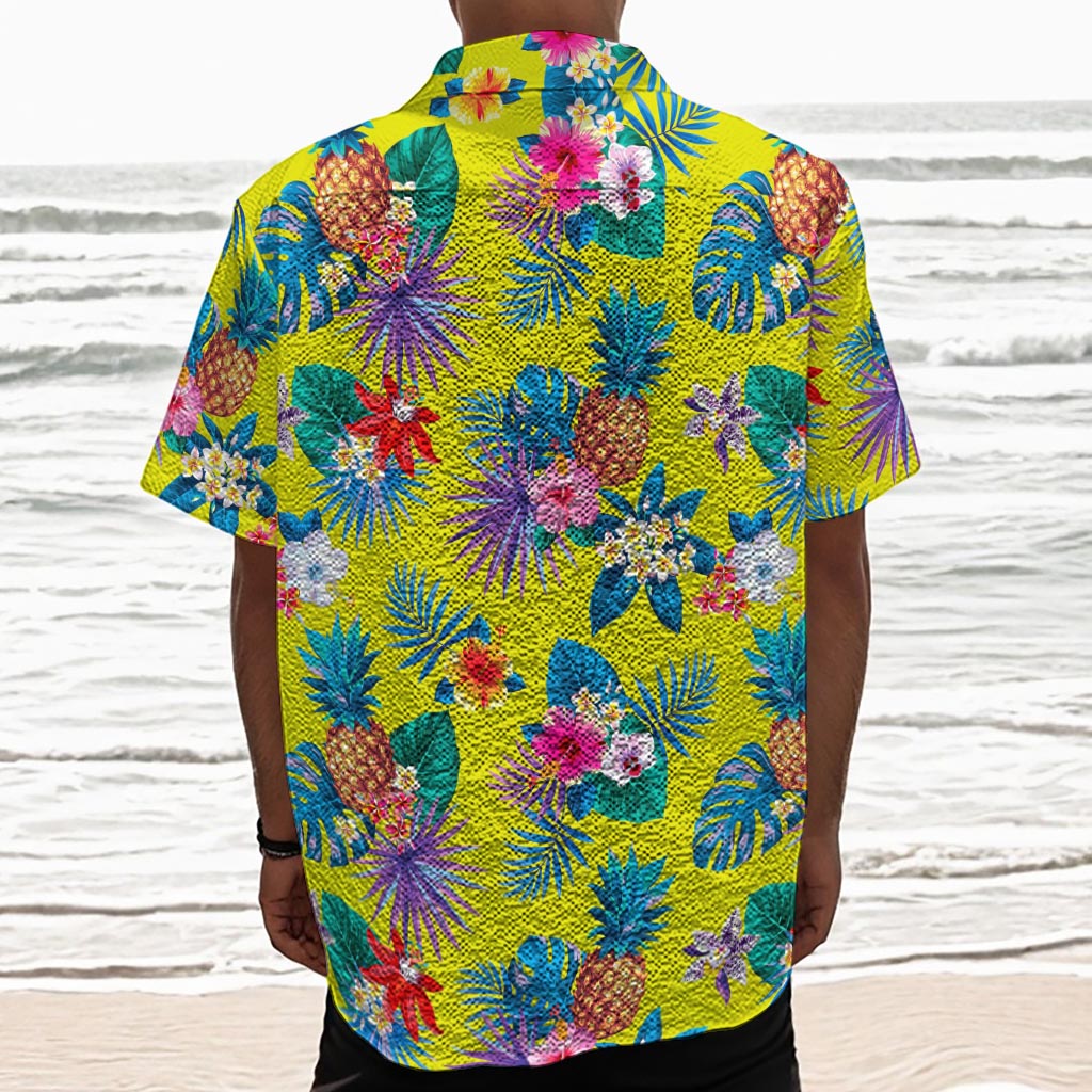 Lime Hawaiian Pineapple Pattern Print Textured Short Sleeve Shirt