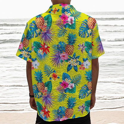 Lime Hawaiian Pineapple Pattern Print Textured Short Sleeve Shirt