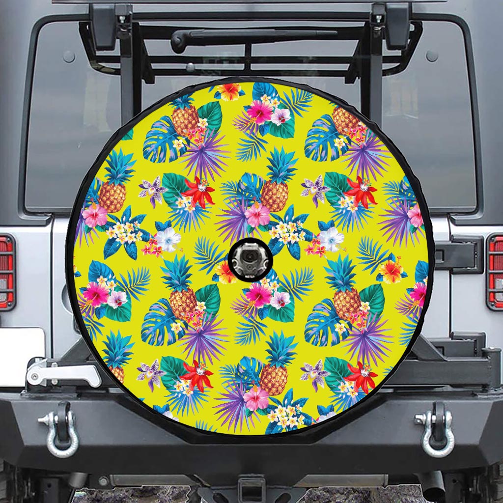 Lime Hawaiian Pineapple Pattern Print Tire Cover With Camera Hole