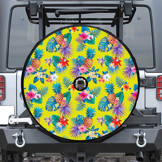 Lime Hawaiian Pineapple Pattern Print Tire Cover With Camera Hole