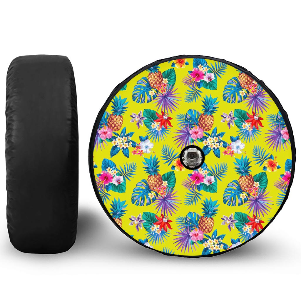 Lime Hawaiian Pineapple Pattern Print Tire Cover With Camera Hole