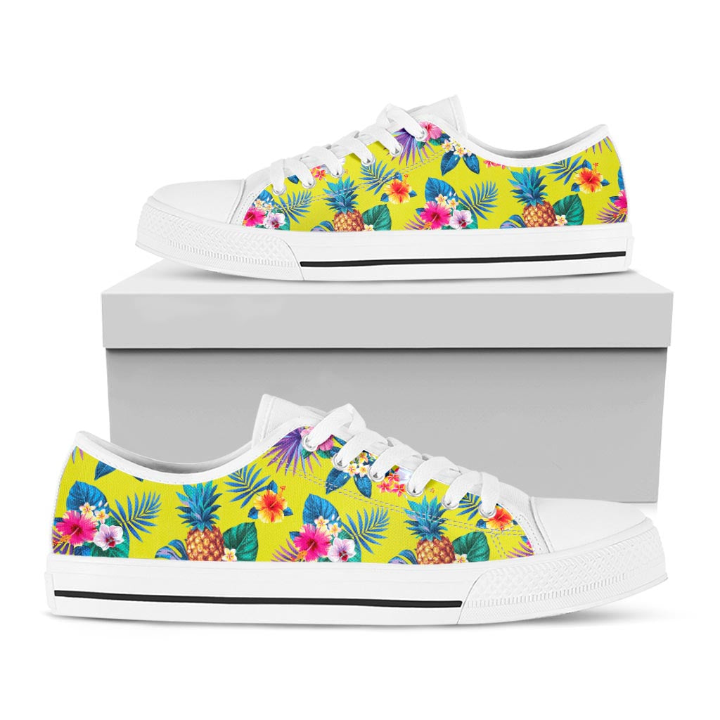 Lime Hawaiian Pineapple Pattern Print White Low Top Sneakers