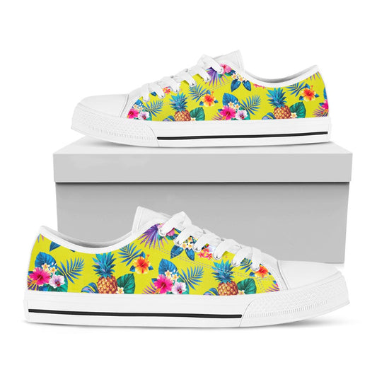 Lime Hawaiian Pineapple Pattern Print White Low Top Sneakers