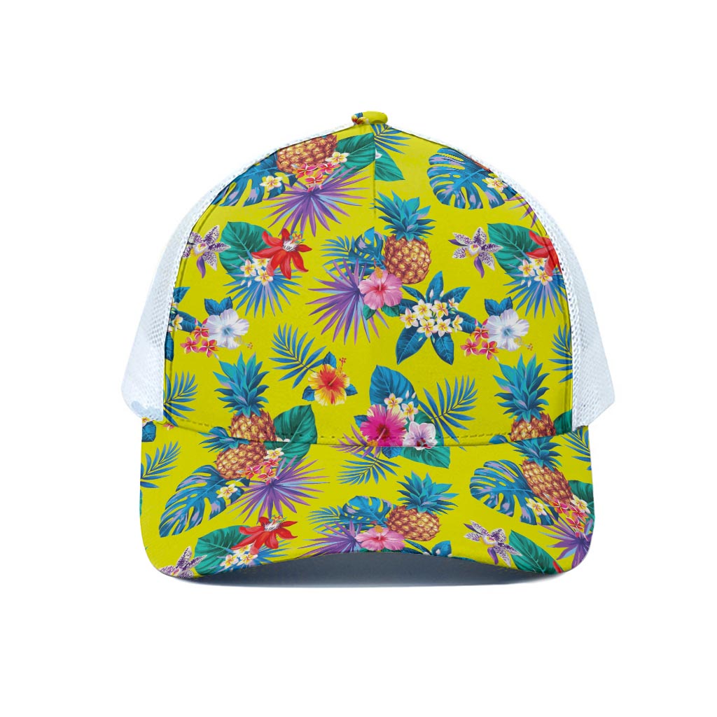 Lime Hawaiian Pineapple Pattern Print White Mesh Trucker Cap