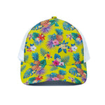 Lime Hawaiian Pineapple Pattern Print White Mesh Trucker Cap