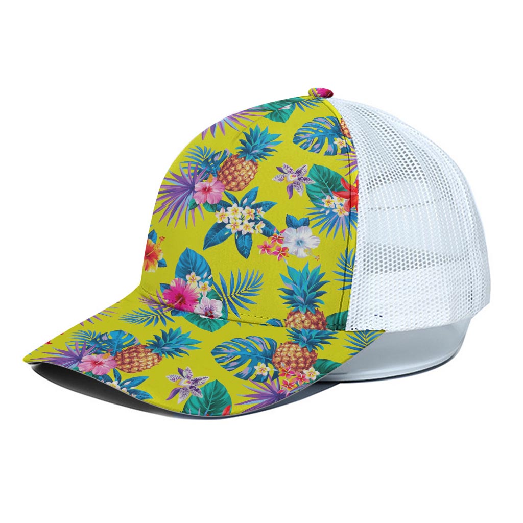 Lime Hawaiian Pineapple Pattern Print White Mesh Trucker Cap
