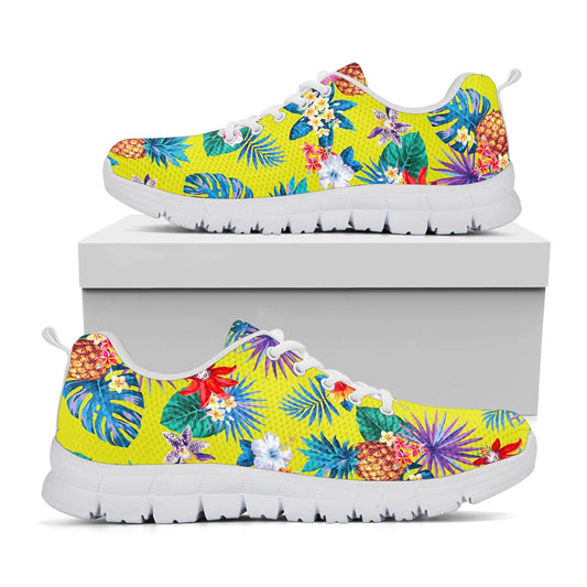 Lime Hawaiian Pineapple Pattern Print White Running Shoes