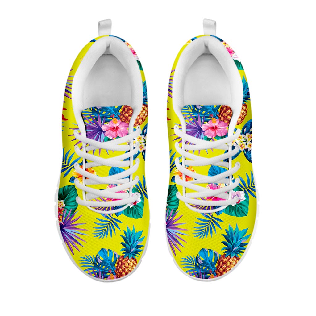 Lime Hawaiian Pineapple Pattern Print White Running Shoes
