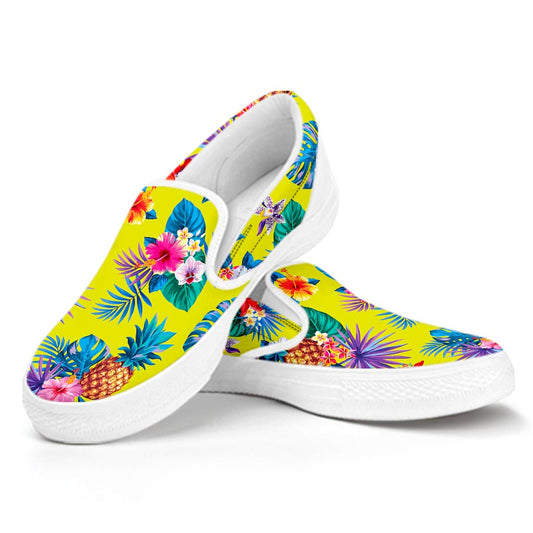 Lime Hawaiian Pineapple Pattern Print White Slip On Sneakers