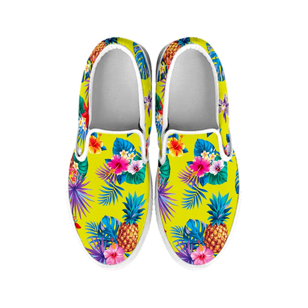 Lime Hawaiian Pineapple Pattern Print White Slip On Sneakers