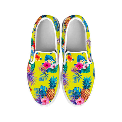 Lime Hawaiian Pineapple Pattern Print White Slip On Sneakers