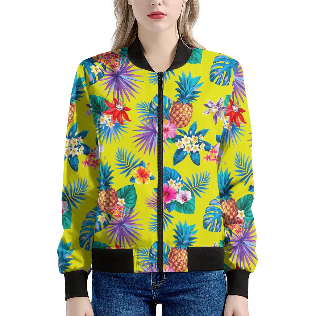 Lime Hawaiian Pineapple Pattern Print Women's Bomber Jacket