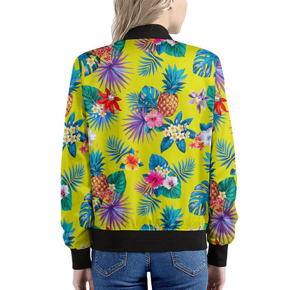 Lime Hawaiian Pineapple Pattern Print Women's Bomber Jacket
