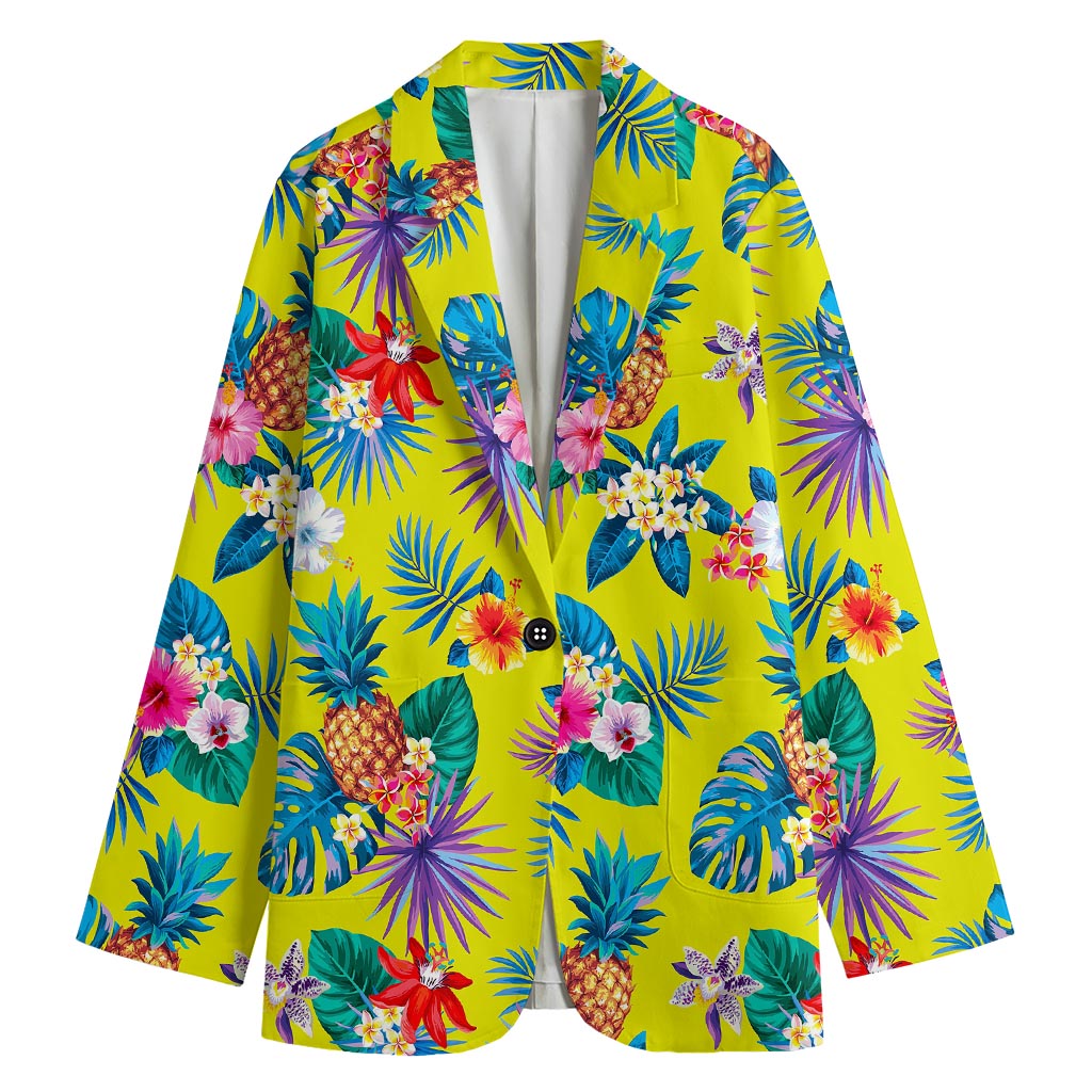 Lime Hawaiian Pineapple Pattern Print Women's Cotton Blazer