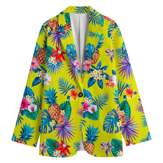 Lime Hawaiian Pineapple Pattern Print Women's Cotton Blazer