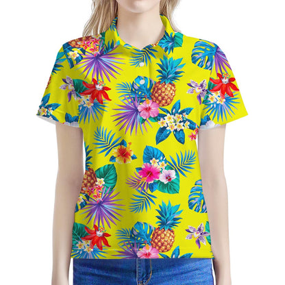 Lime Hawaiian Pineapple Pattern Print Women's Polo Shirt
