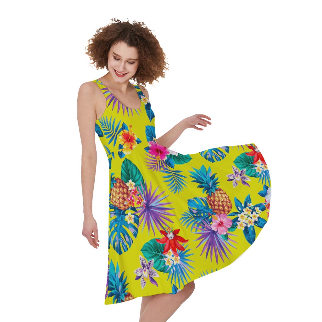 Lime Hawaiian Pineapple Pattern Print Women's Sleeveless Dress