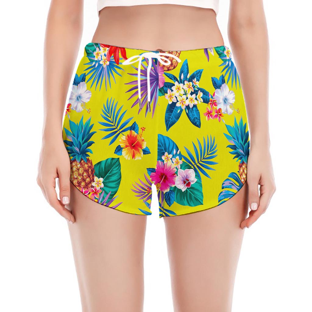 Lime Hawaiian Pineapple Pattern Print Women's Split Running Shorts