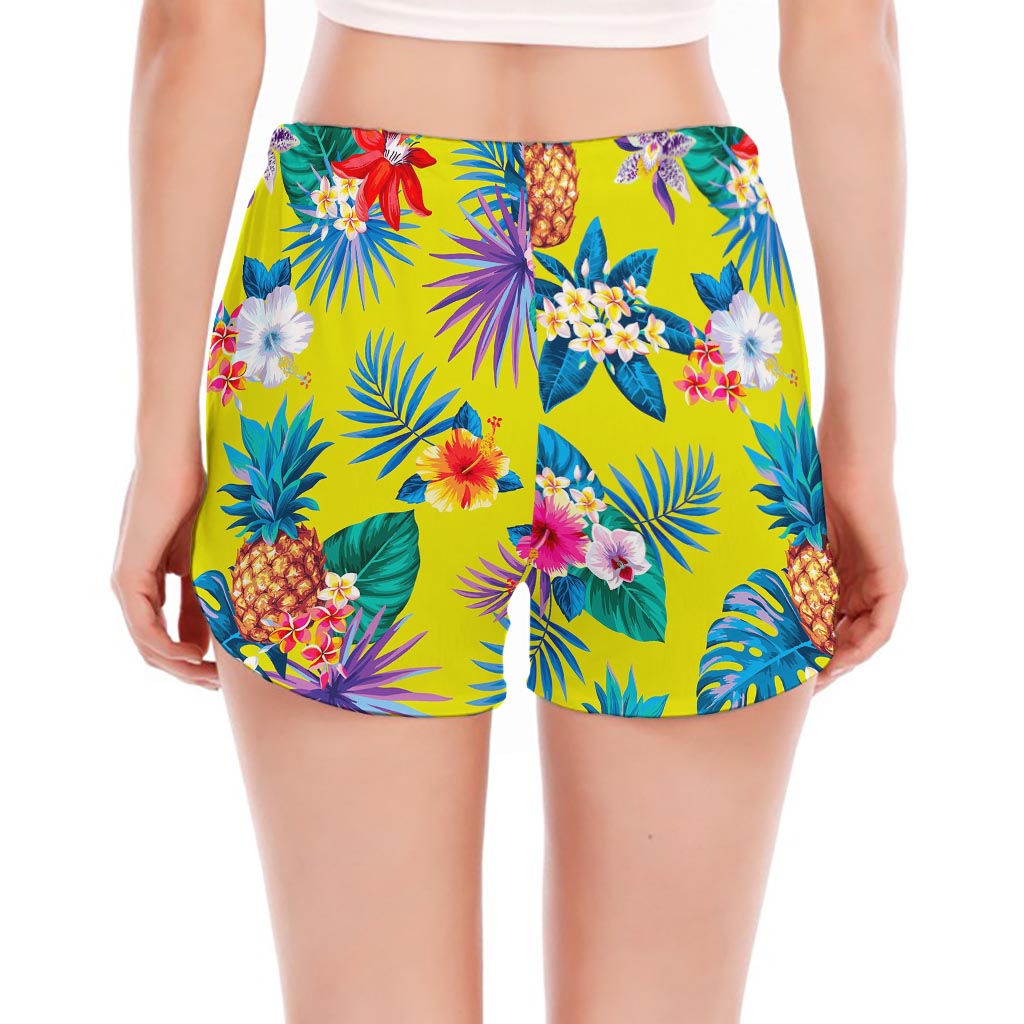Lime Hawaiian Pineapple Pattern Print Women's Split Running Shorts