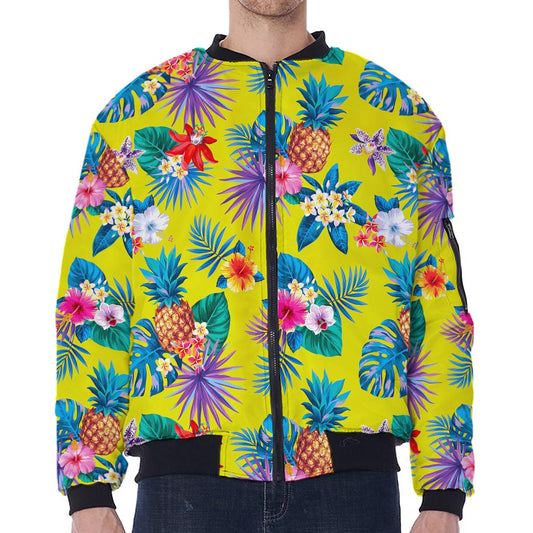 Lime Hawaiian Pineapple Pattern Print Zip Sleeve Bomber Jacket