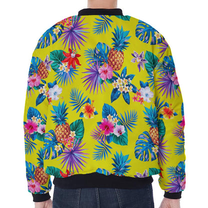 Lime Hawaiian Pineapple Pattern Print Zip Sleeve Bomber Jacket