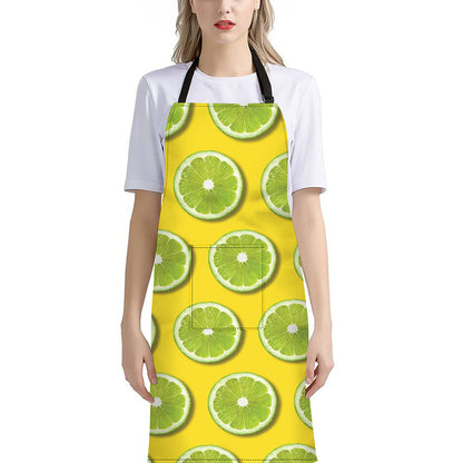 Lime Slices Pattern Print Bib Apron With Pocket