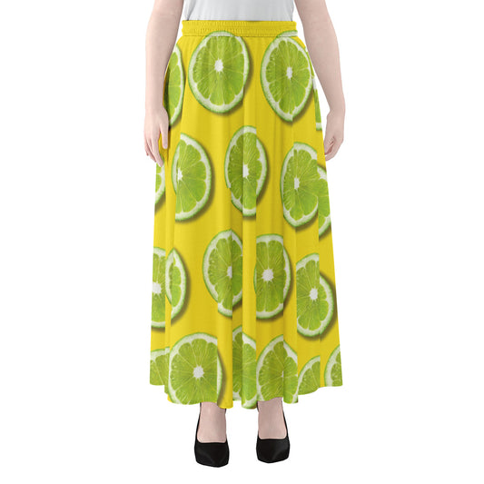 Lime Slices Pattern Print Chiffon Maxi Skirt