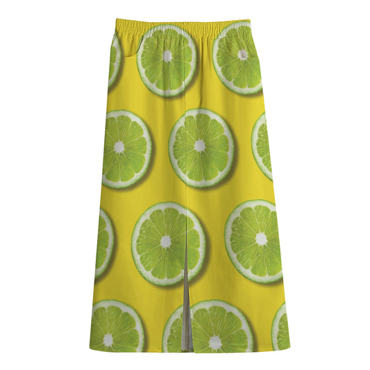 Lime Slices Pattern Print Cotton Front Slit Maxi Skirt