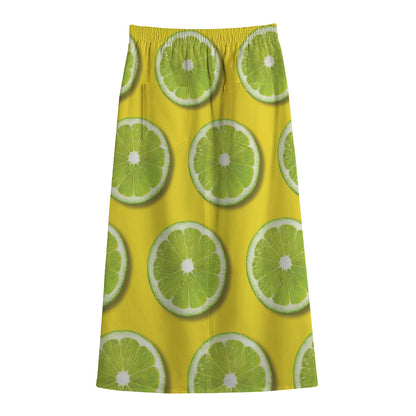 Lime Slices Pattern Print Cotton Front Slit Maxi Skirt