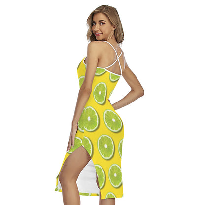 Lime Slices Pattern Print Cross Back Cami Dress
