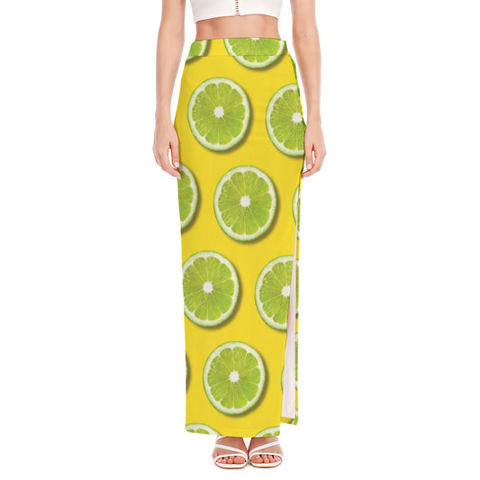 Lime Slices Pattern Print High Slit Maxi Skirt