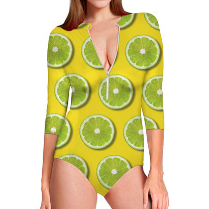 Lime Slices Pattern Print Long Sleeve Swimsuit