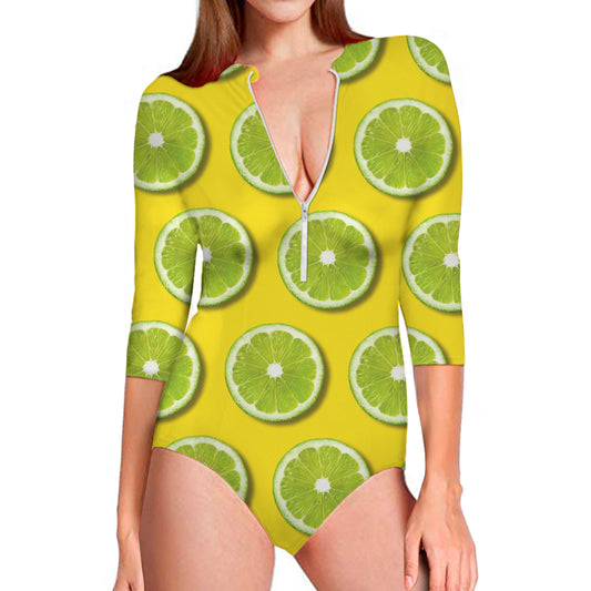 Lime Slices Pattern Print Long Sleeve Swimsuit