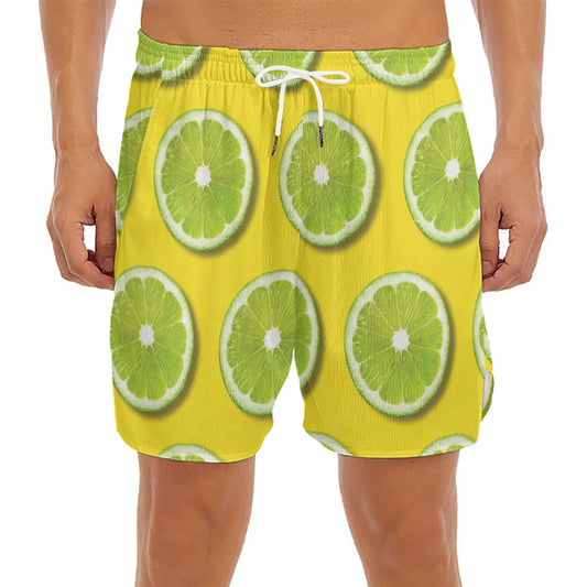 Lime Slices Pattern Print Men's Split Running Shorts