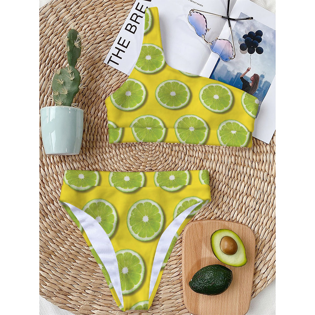Lime Slices Pattern Print One Shoulder Bikini Top