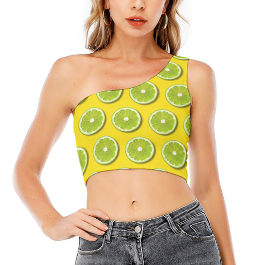 Lime Slices Pattern Print One Shoulder Crop Top