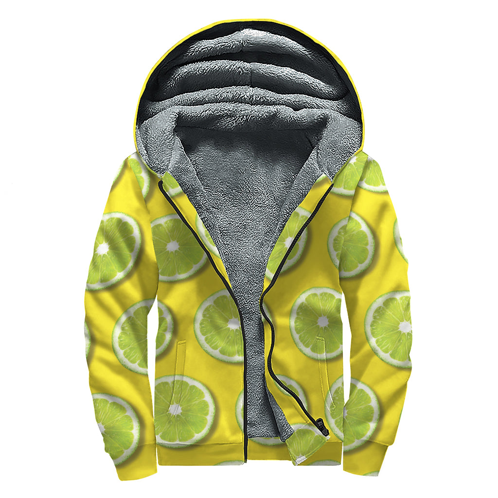Lime Slices Pattern Print Sherpa Lined Zip Up Hoodie