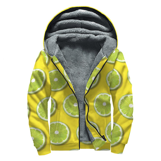 Lime Slices Pattern Print Sherpa Lined Zip Up Hoodie